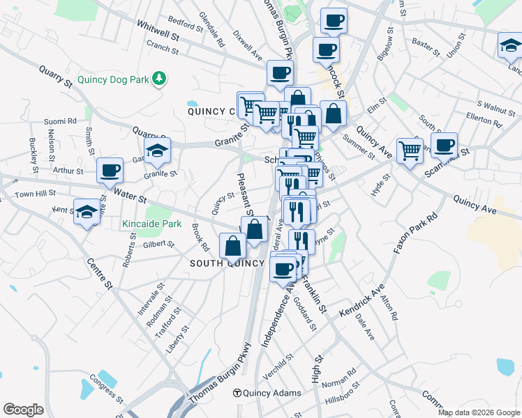 map of restaurants, bars, coffee shops, grocery stores, and more near 8 Jackson Street in Quincy