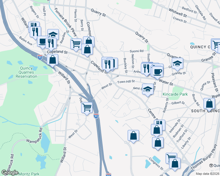 map of restaurants, bars, coffee shops, grocery stores, and more near 42 West Street in Quincy