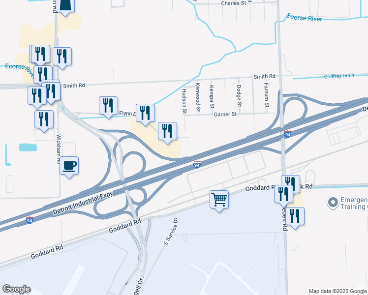 map of restaurants, bars, coffee shops, grocery stores, and more near 30325 Flynn Drive in Romulus