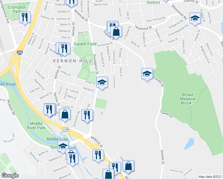 map of restaurants, bars, coffee shops, grocery stores, and more near 2 Bolton Street in Worcester