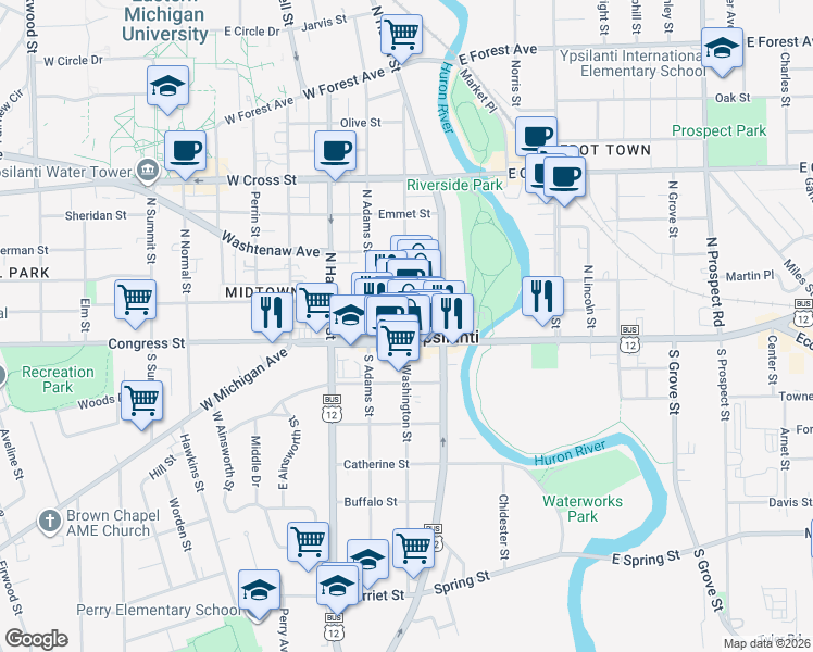 map of restaurants, bars, coffee shops, grocery stores, and more near 10 North Washington Street in Ypsilanti