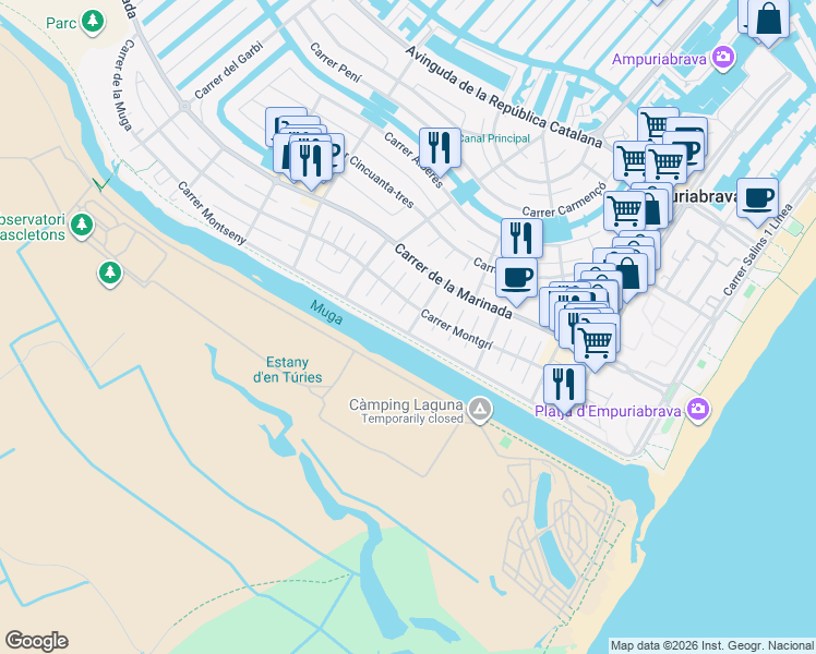 map of restaurants, bars, coffee shops, grocery stores, and more near 230 Carrer Montgrí in Empuriabrava