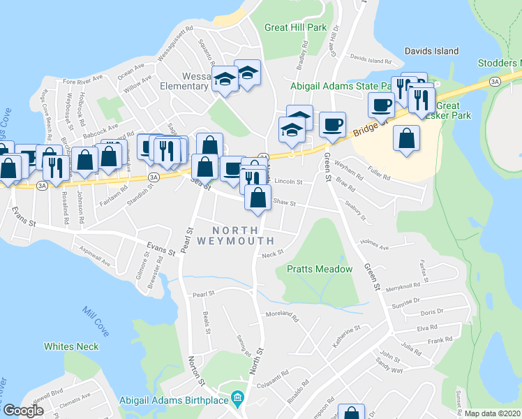 map of restaurants, bars, coffee shops, grocery stores, and more near 237 North Street in Weymouth
