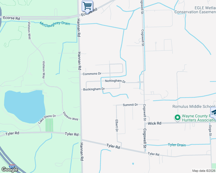 map of restaurants, bars, coffee shops, grocery stores, and more near 39108 Buckingham Drive in Romulus