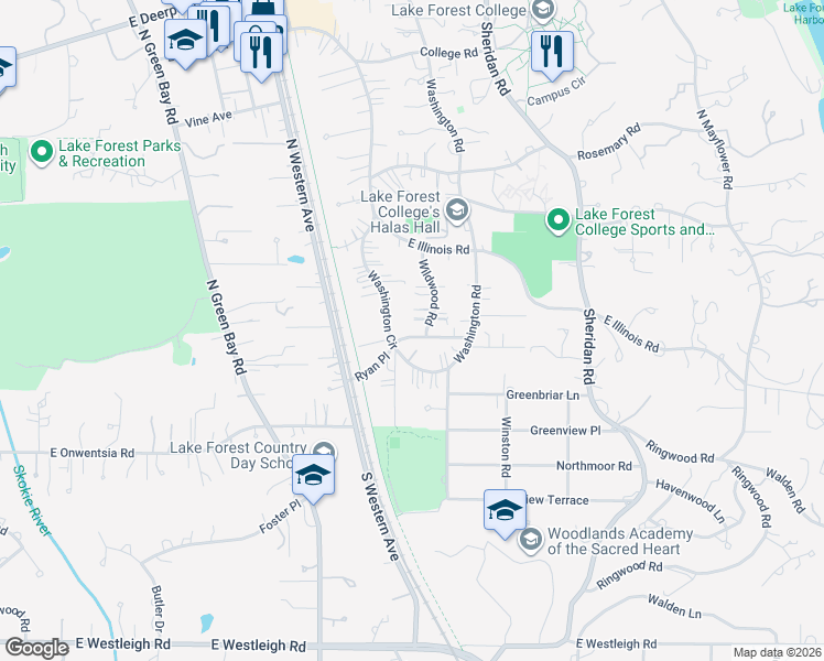 map of restaurants, bars, coffee shops, grocery stores, and more near 552 Ryan Place in Lake Forest