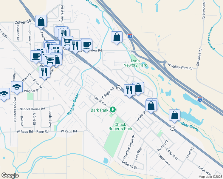 map of restaurants, bars, coffee shops, grocery stores, and more near 409 East Rapp Road in Talent