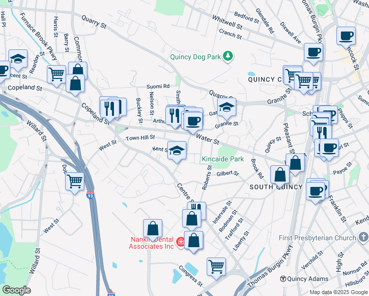 map of restaurants, bars, coffee shops, grocery stores, and more near 2 Town Hill Street in Quincy