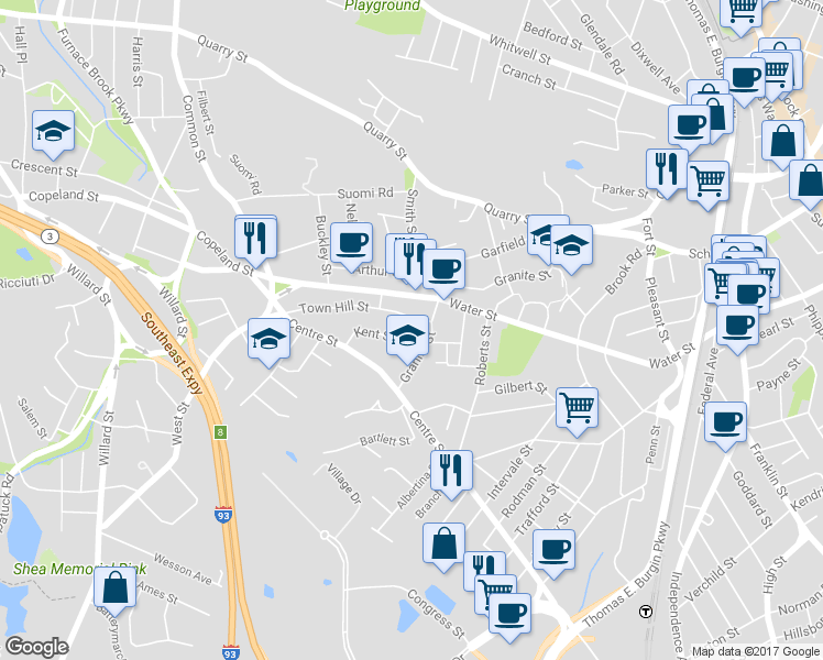 map of restaurants, bars, coffee shops, grocery stores, and more near 2 Town Hill Street in Quincy