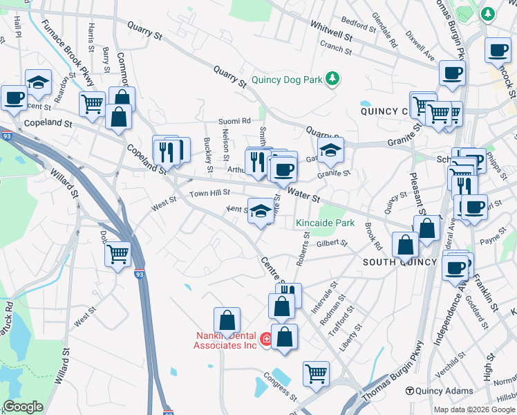map of restaurants, bars, coffee shops, grocery stores, and more near 2 Town Hill Street in Quincy