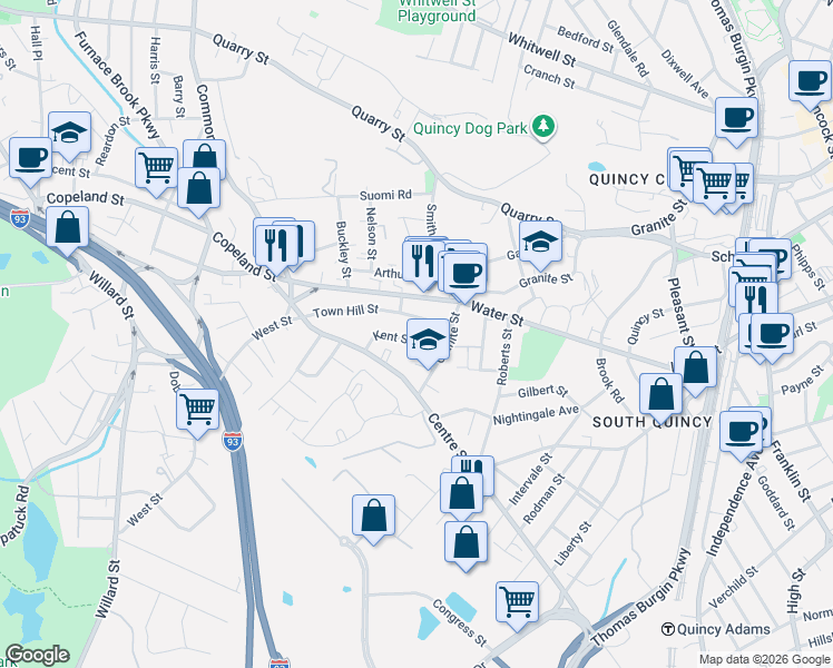 map of restaurants, bars, coffee shops, grocery stores, and more near 47 Kent Street in Quincy