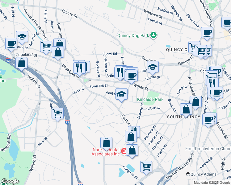 map of restaurants, bars, coffee shops, grocery stores, and more near 47 Kent Street in Quincy