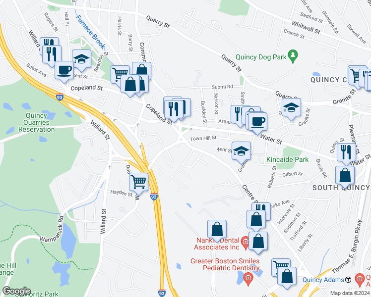 map of restaurants, bars, coffee shops, grocery stores, and more near 42 West Street in Quincy