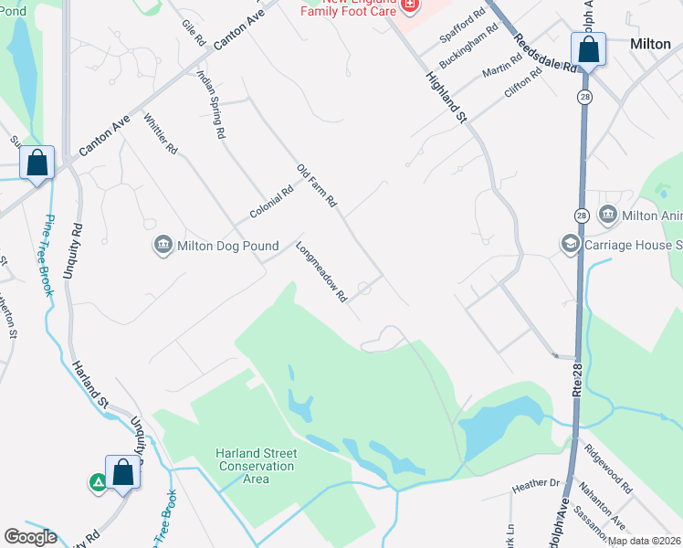 map of restaurants, bars, coffee shops, grocery stores, and more near 60 Longmeadow Road in Milton