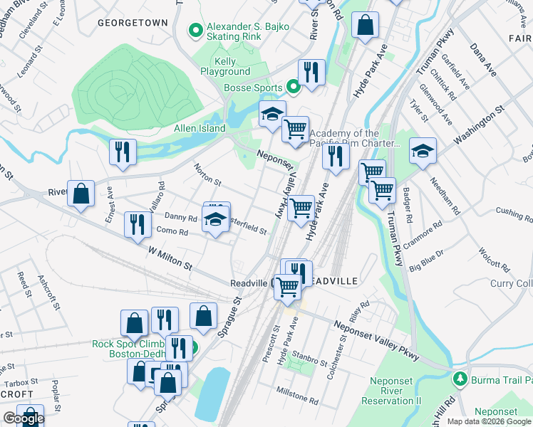 map of restaurants, bars, coffee shops, grocery stores, and more near 108 Readville Street in Boston