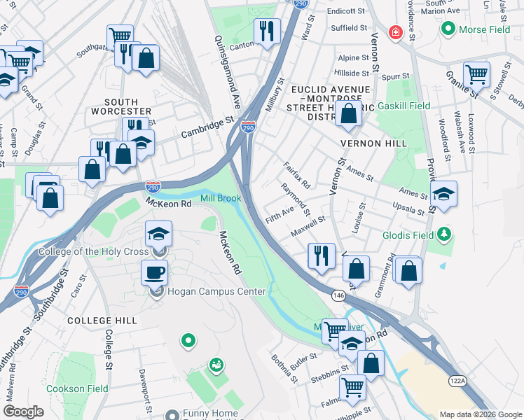 map of restaurants, bars, coffee shops, grocery stores, and more near 544 Millbury Street in Worcester