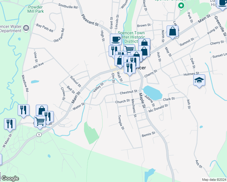 map of restaurants, bars, coffee shops, grocery stores, and more near 30 Elm Street in Spencer