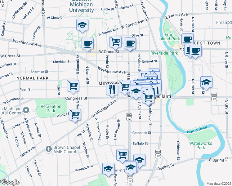 map of restaurants, bars, coffee shops, grocery stores, and more near 8 Ballard Street in Ypsilanti