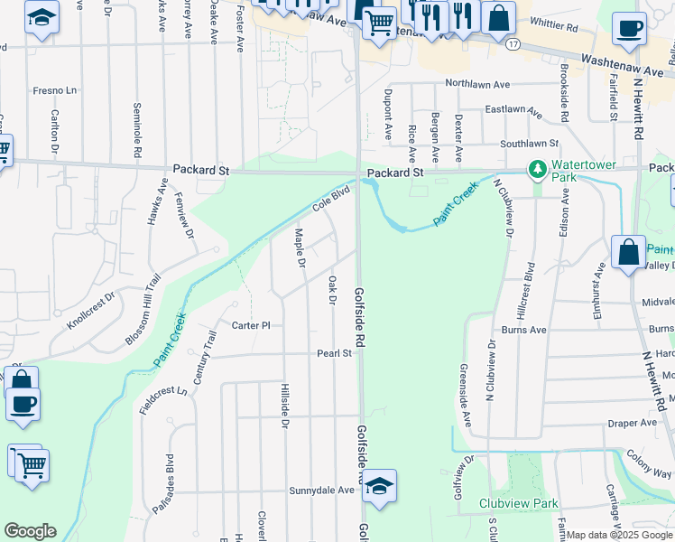 map of restaurants, bars, coffee shops, grocery stores, and more near 4858 Grandview Drive in Ypsilanti