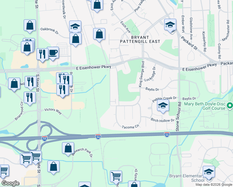 map of restaurants, bars, coffee shops, grocery stores, and more near 3304 Alpine Drive in Ann Arbor