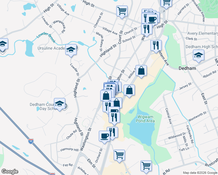 map of restaurants, bars, coffee shops, grocery stores, and more near 206 Court Street in Dedham