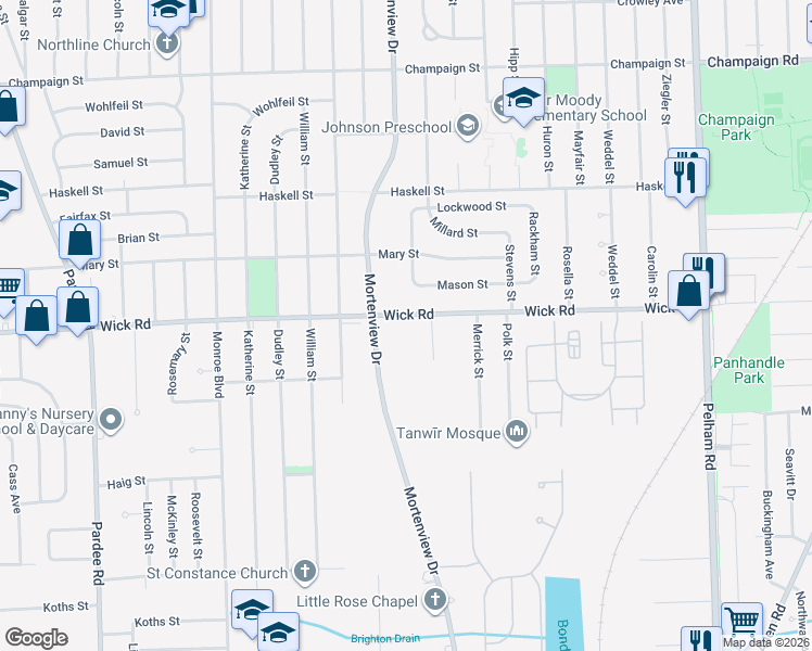 map of restaurants, bars, coffee shops, grocery stores, and more near 21075 Wick Road in Taylor