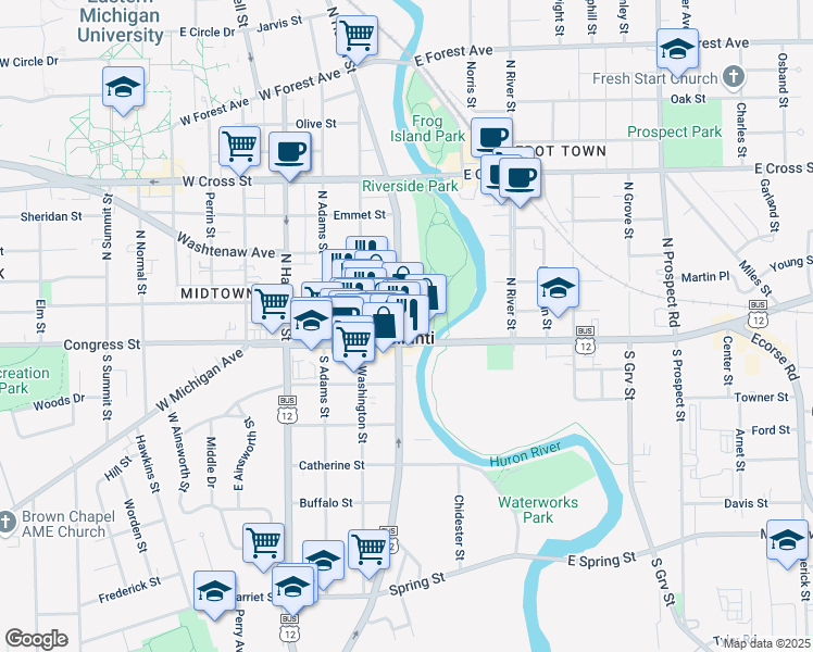 map of restaurants, bars, coffee shops, grocery stores, and more near 24 North Huron Street in Ypsilanti