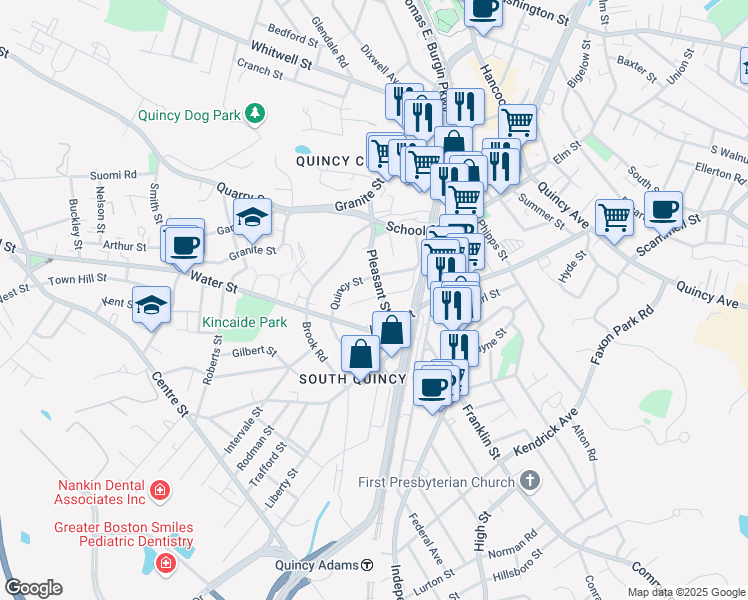 map of restaurants, bars, coffee shops, grocery stores, and more near 36 Jackson Street in Quincy