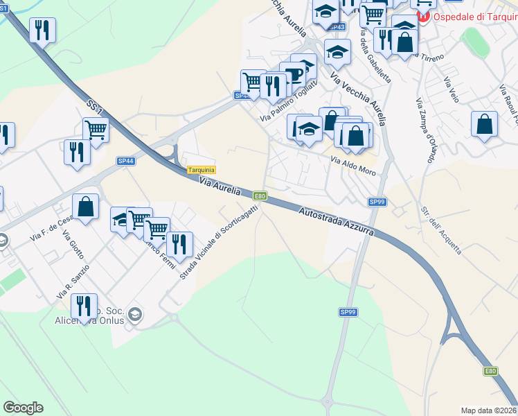 map of restaurants, bars, coffee shops, grocery stores, and more near Strada Statale 1 Via Aurelia in Viterbo