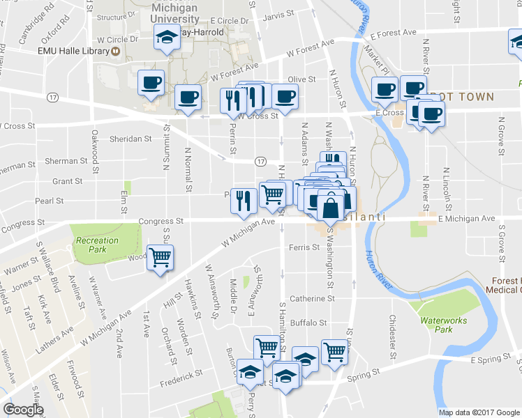 map of restaurants, bars, coffee shops, grocery stores, and more near 8 Ballard Street in Ypsilanti