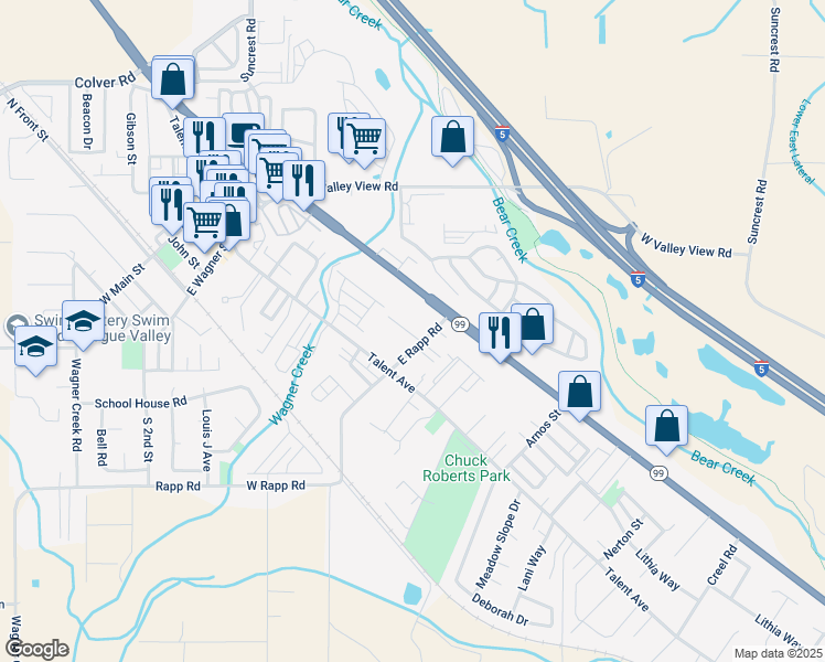 map of restaurants, bars, coffee shops, grocery stores, and more near 345 Lithia Avenue in Talent