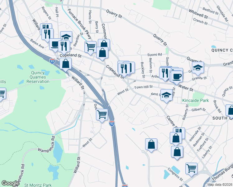 map of restaurants, bars, coffee shops, grocery stores, and more near 73 West Street in Quincy