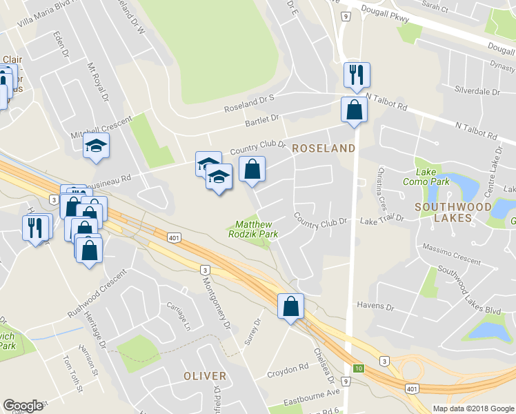 map of restaurants, bars, coffee shops, grocery stores, and more near 601 Rodfam Drive in Windsor