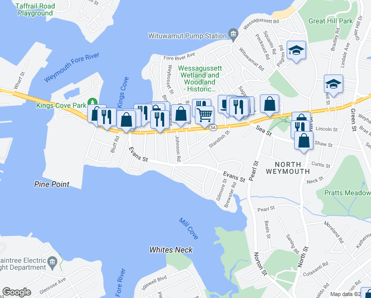 map of restaurants, bars, coffee shops, grocery stores, and more near 35 Princeton Avenue in Weymouth