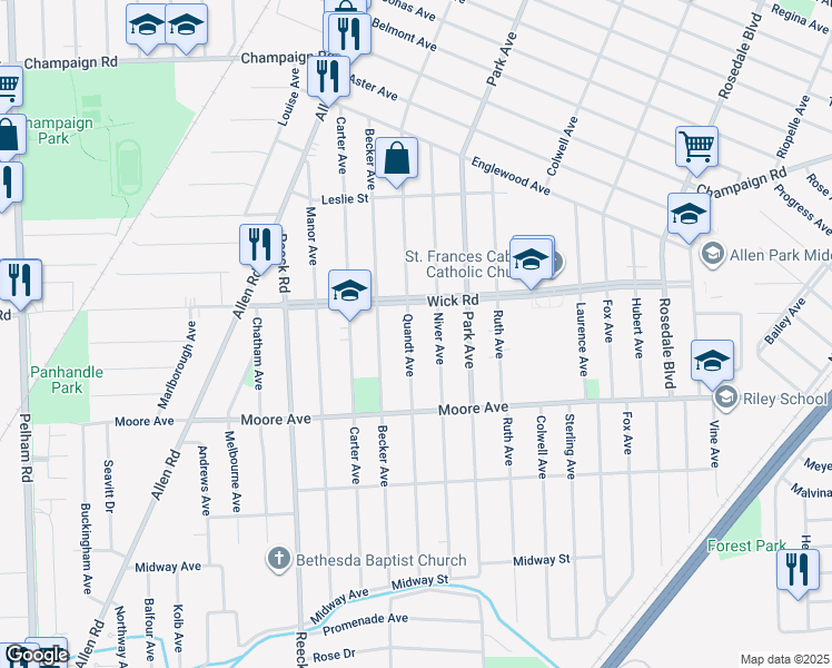 map of restaurants, bars, coffee shops, grocery stores, and more near 9259 Quandt Avenue in Allen Park