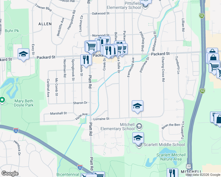 map of restaurants, bars, coffee shops, grocery stores, and more near 3301 Creek Drive in Ann Arbor