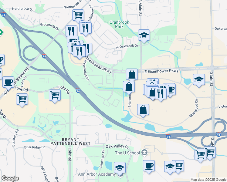 map of restaurants, bars, coffee shops, grocery stores, and more near 300 Waymarket Drive in Ann Arbor