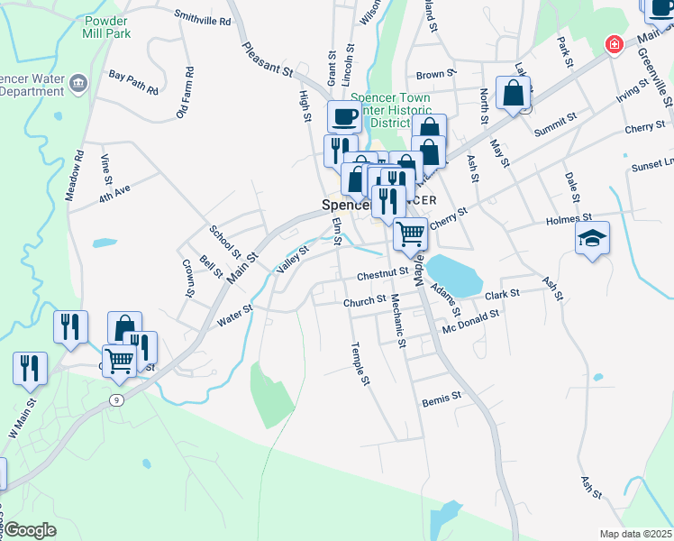 map of restaurants, bars, coffee shops, grocery stores, and more near 30 Elm Street in Spencer