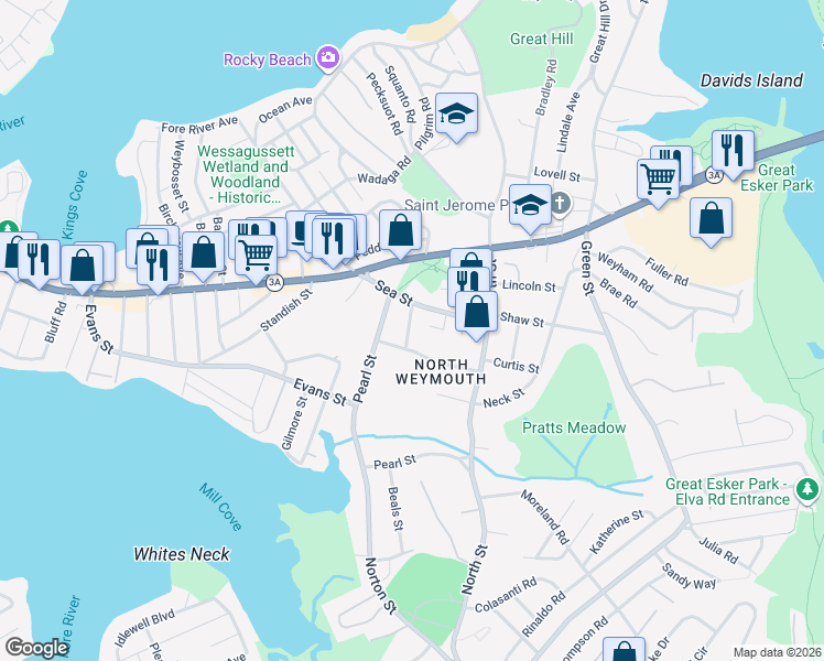 map of restaurants, bars, coffee shops, grocery stores, and more near 18 Crescent Road in Weymouth