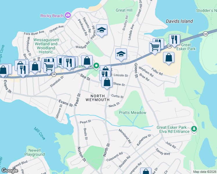 map of restaurants, bars, coffee shops, grocery stores, and more near 237 North Street in Weymouth