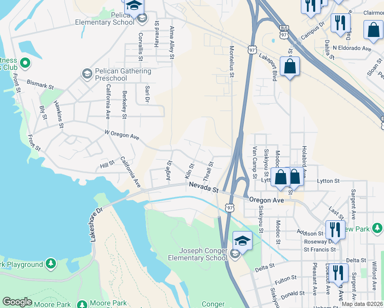 map of restaurants, bars, coffee shops, grocery stores, and more near 215 West Oregon Avenue in Klamath Falls