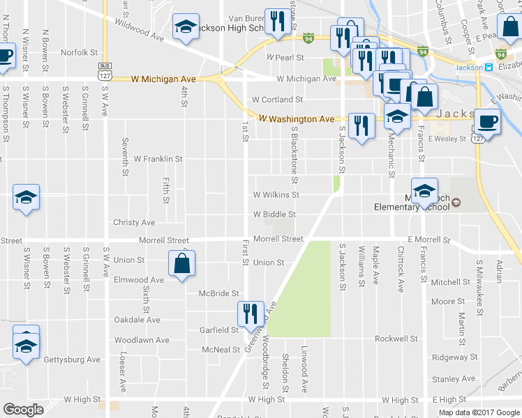 map of restaurants, bars, coffee shops, grocery stores, and more near 332 West Biddle Street in Jackson