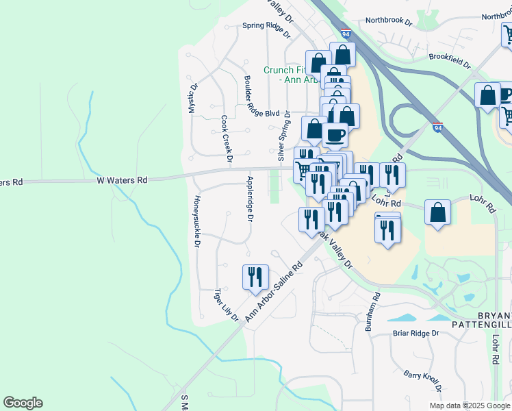 map of restaurants, bars, coffee shops, grocery stores, and more near 3089 Appleridge Drive in Ann Arbor