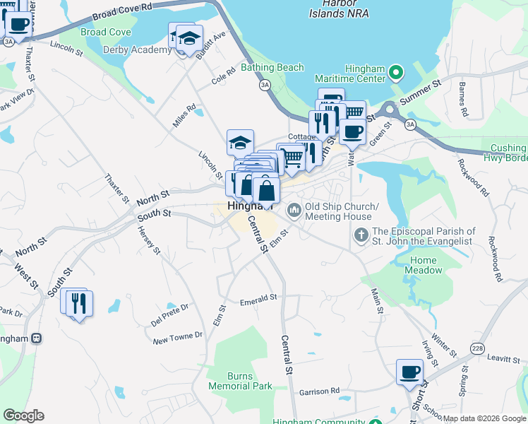 map of restaurants, bars, coffee shops, grocery stores, and more near 31 Main Street in Hingham