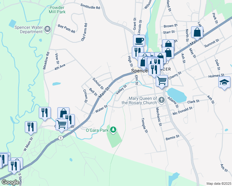 map of restaurants, bars, coffee shops, grocery stores, and more near 11 Mill Street in Spencer