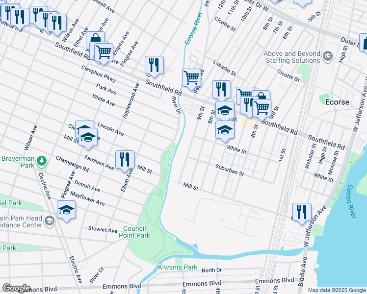 map of restaurants, bars, coffee shops, grocery stores, and more near 4560 9th Street in Ecorse