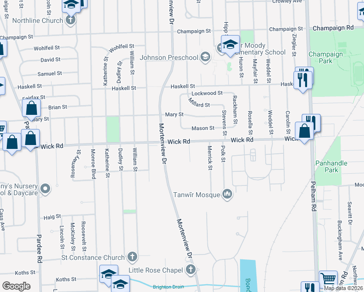 map of restaurants, bars, coffee shops, grocery stores, and more near 21075 Wick Road in Taylor