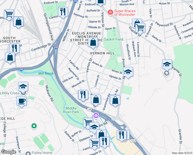 map of restaurants, bars, coffee shops, grocery stores, and more near 33 Louise Street in Worcester