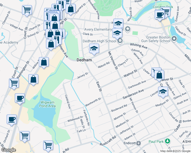 map of restaurants, bars, coffee shops, grocery stores, and more near 3 Puritan Lane in Dedham