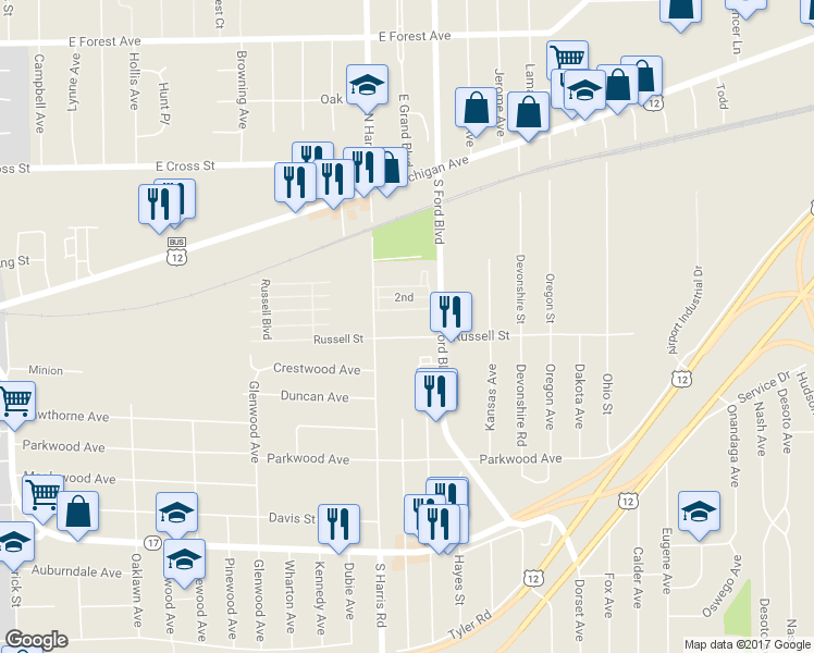 map of restaurants, bars, coffee shops, grocery stores, and more near 1451 Russell Street in Ypsilanti
