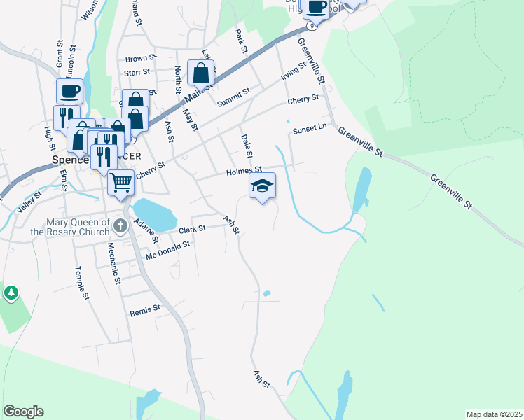 map of restaurants, bars, coffee shops, grocery stores, and more near 73 Ash Street in Spencer